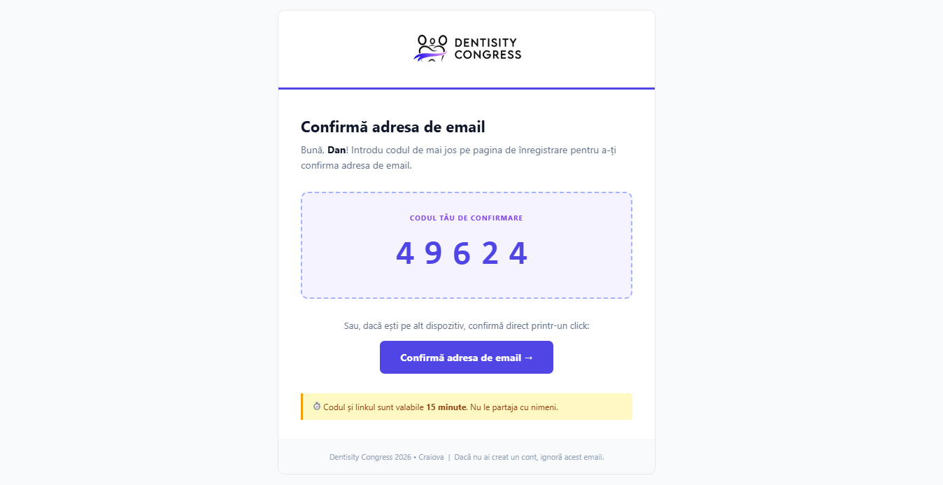 E-mail de confirmare primit după crearea contului, cu butonul de activare