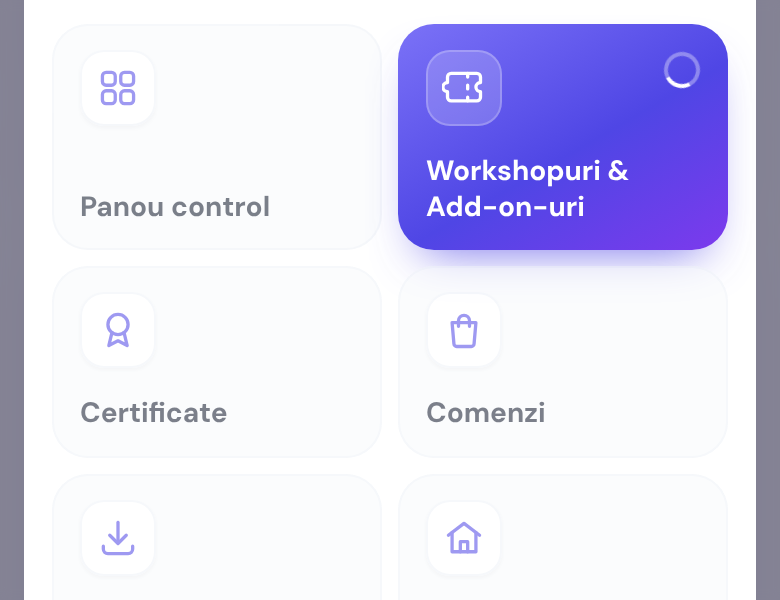 Dala Workshopuri & Add-on-uri colorată, cu cercul de încărcare în colț, cât se deschide pagina