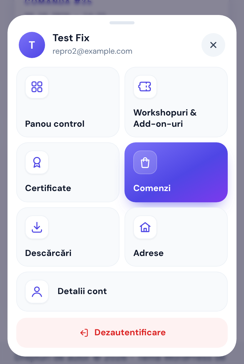 Meniul contului deschis pe telefon: numele și e-mailul sus, dalele Panou control, Workshopuri & Add-on-uri, Certificate, Comenzi (colorată), Descărcări, Adrese, Detalii cont și butonul roșu Dezautentificare