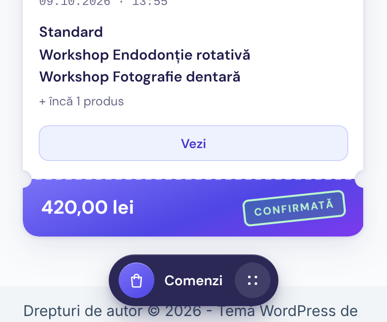 Pagina Comenzi pe telefon, cu butonul plutitor din partea de jos: iconița comenzilor, textul Comenzi și butonul rotund cu patru puncte
