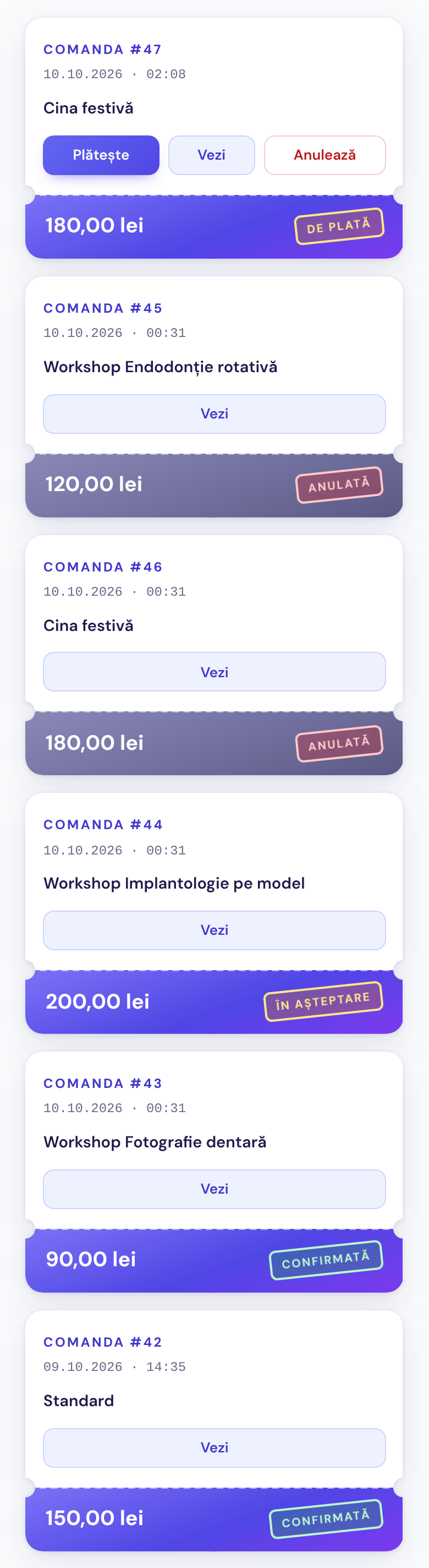Lista de comenzi pe telefon: fiecare bilet are dedesubt cotorul cu totalul și ștampila