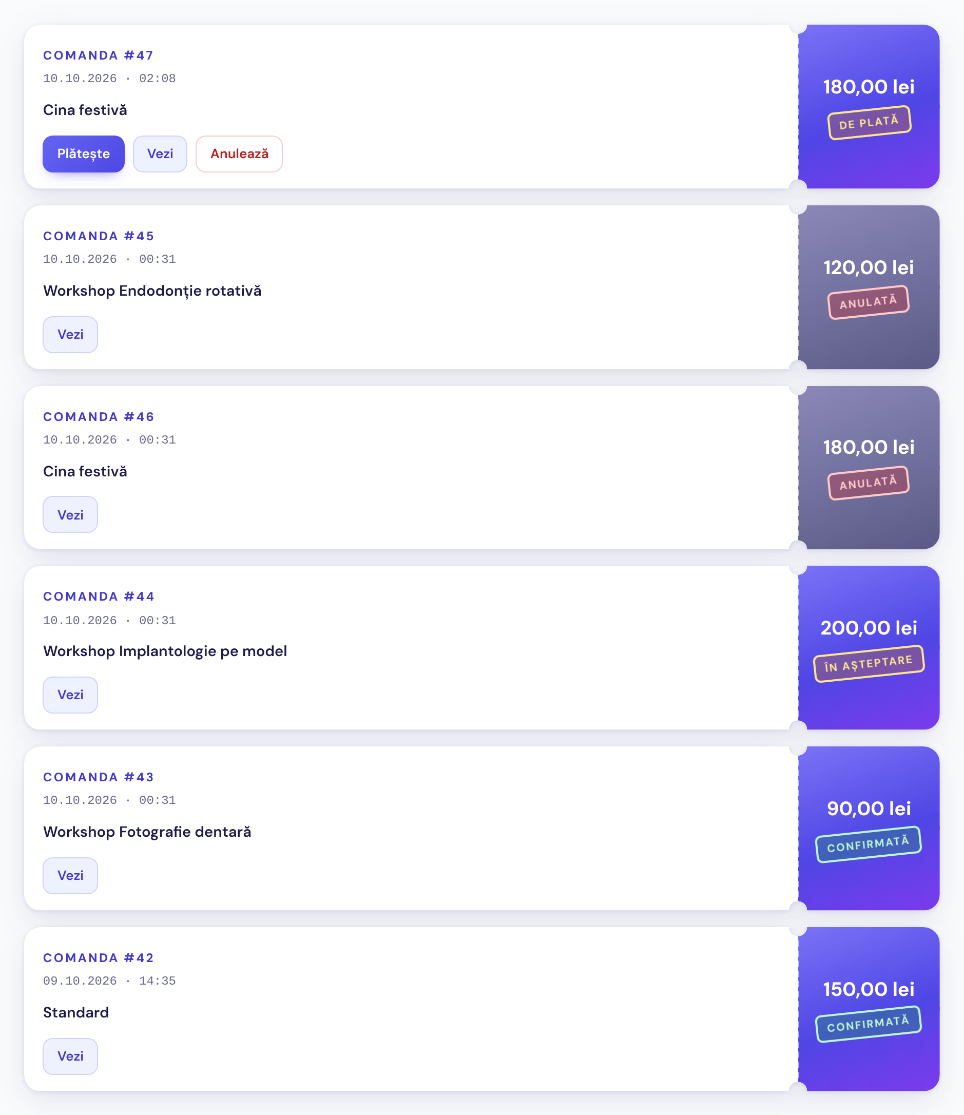 Cont → Comenzi: comenzile ca bilete, fiecare cu numărul, data, produsele și butoanele, iar pe cotor totalul și ștampilele De plată, Anulată, În așteptare și Confirmată
