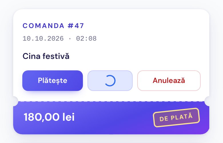 Un bilet din lista de comenzi pe telefon: butonul Vezi apăsat arată cercul de încărcare, între Plătește și Anulează