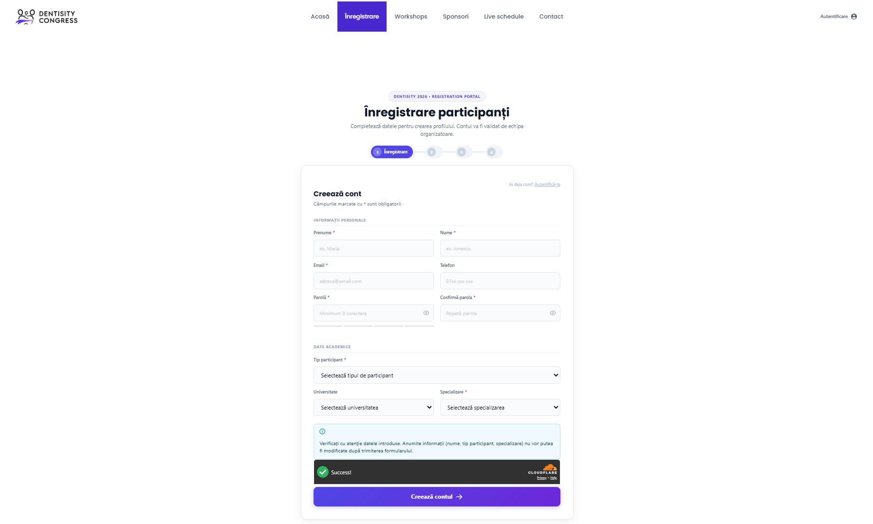 Formularul de creare cont cu câmpurile nume, e-mail și parolă
