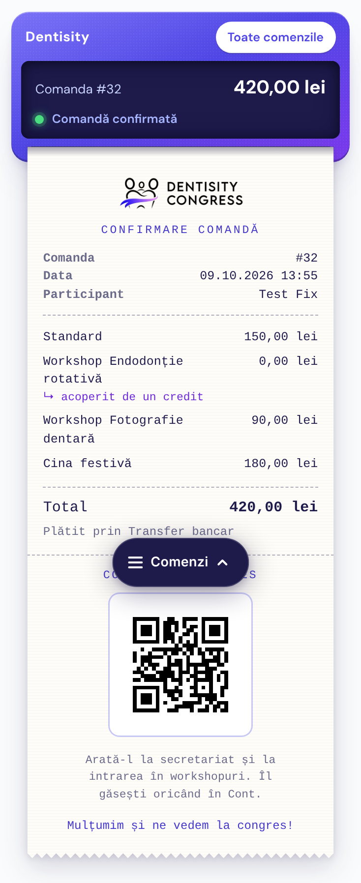 O comandă confirmată pe telefon: imprimanta cu confirmarea tipărită și codul QR
