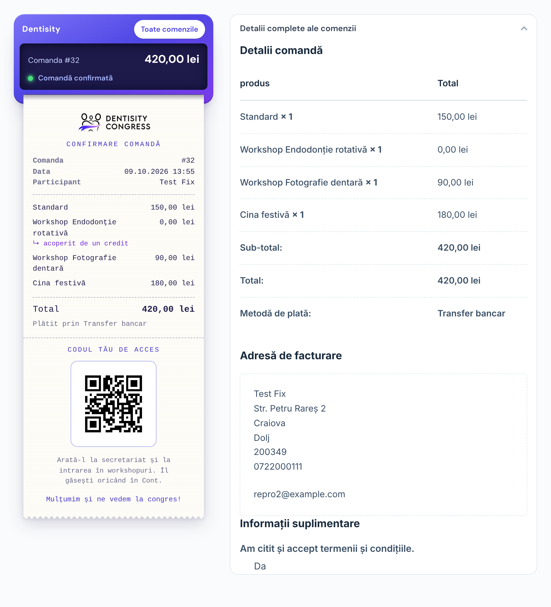 O comandă confirmată: în stânga imprimanta cu confirmarea tipărită și codul QR, în dreapta detaliile complete ale comenzii