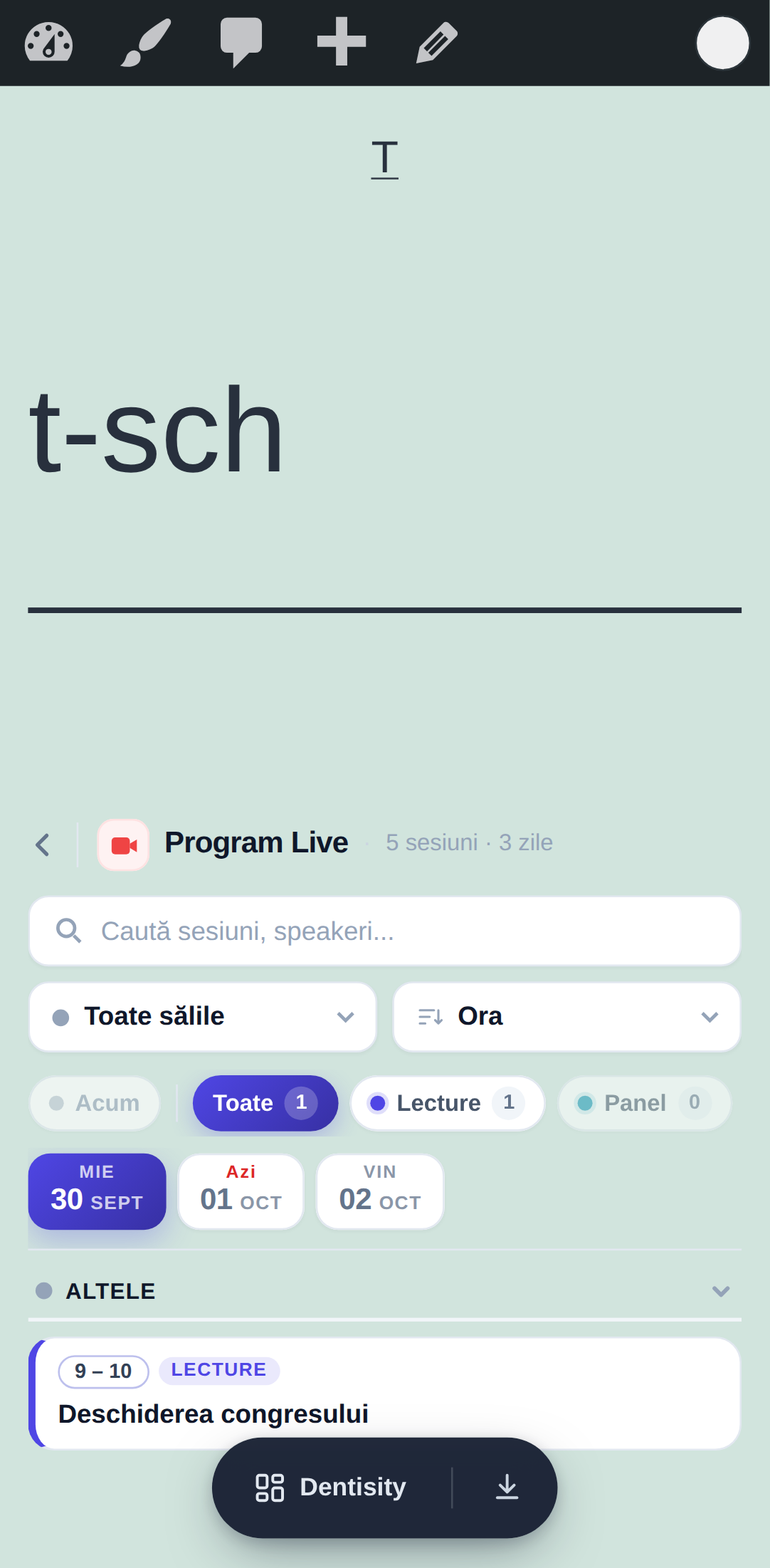 Pagina Program pe telefonul unui administrator: jos bara plutitoare cu Dentisity și, în dreapta, butonul rotund de instalare