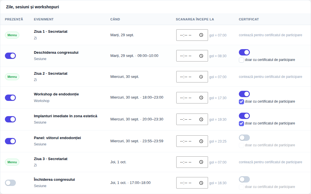 Coloana Certificat din Configurare: zilele contează pentru certificatul de participare; Deschiderea congresului cu certificat fără condiție; Workshop de endodonție și Implanturi imediate cu certificat doar cu certificatul de participare; o sesiune fără certificat