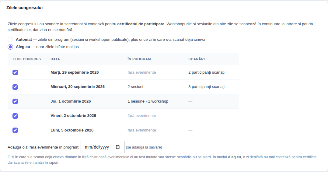 Cardul Zilele congresului: modurile Automat și Aleg eu, lista zilelor cu ce are fiecare în program (sesiuni, workshopuri sau fără evenimente) și câți participanți au fost scanați, câmpul pentru a adăuga o zi