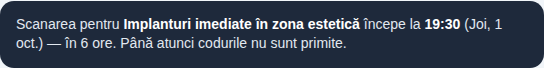 Mesaj: Scanarea pentru Panel de seară începe la 21:30 (miercuri, 30 sept.) — în 45 min. Până atunci codurile nu sunt primite.