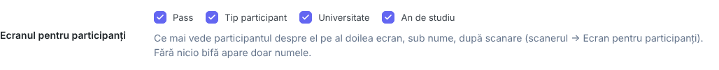 Rândul Ecranul pentru participanți din Configurare: casetele Pass, Tip participant, Universitate și An de studiu, bifate