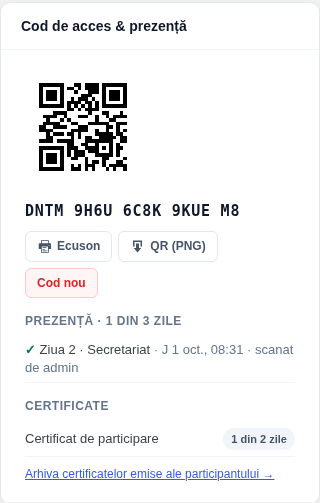 Cardul Cod de acces și prezență din dosarul participantului: codul QR, codul scris, butoanele Ecuson, QR (PNG) și Cod nou, apoi prezența (1 din 3 zile) cu fiecare scanare, ora și cine a făcut-o