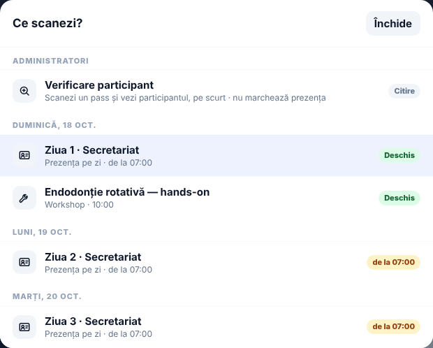 Lista Ce scanezi: sus, sub Administratori, Verificare participant — Scanezi un pass și vezi participantul, pe scurt · nu marchează prezența, cu eticheta Citire; dedesubt zilele și workshopul, ca de obicei