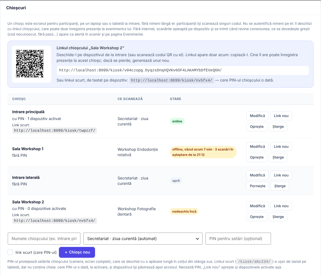 Caseta afișată imediat după creare: codul QR, linkul chioșcului Intrare principală, explicația că apare doar acum, iar dedesubt linkul scurt care cere PIN-ul o dată