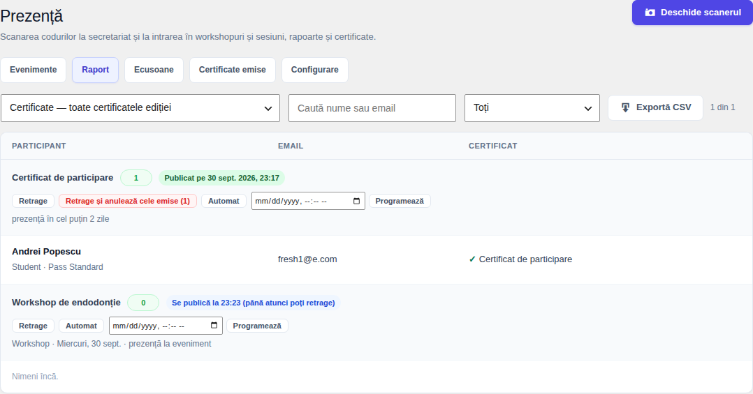 Raportul Certificate: Certificat de participare cu eticheta Publicat pe 30 sept. 2026 și butoanele Retrage, Retrage și anulează cele emise (1), Automat, data și Programează; Workshop de endodonție cu eticheta Se publică la 23:23 (până atunci poți retrage) și butonul Retrage
