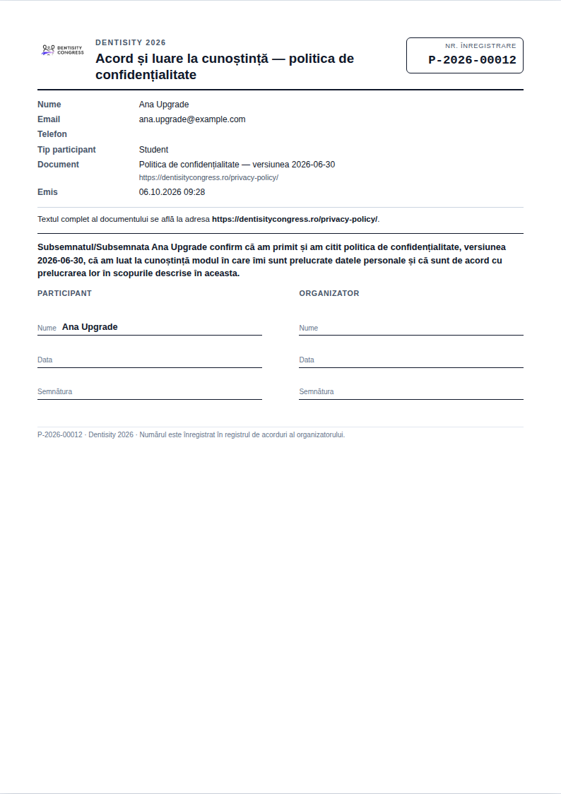Formularul pentru politica de confidențialitate, exemplarul organizatorului: datele participantului, versiunea, adresa politicii, declarația; la participant numele tipărit, data și semnătura; la organizator rândurile Nume, Data și Semnătura lăsate goale