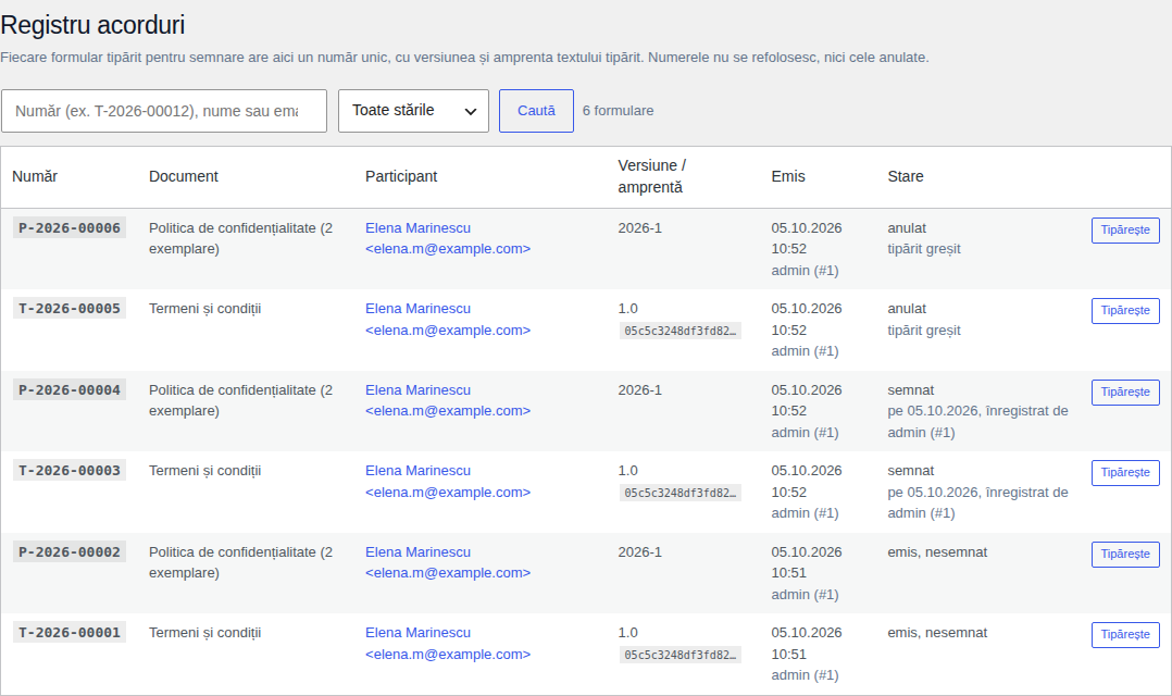 Registru acorduri: căutare după număr, nume sau email, filtrul de stare și tabelul cu numere T- și P-, document, participant, versiune și amprentă, data emiterii și emitentul, starea și butonul Tipărește