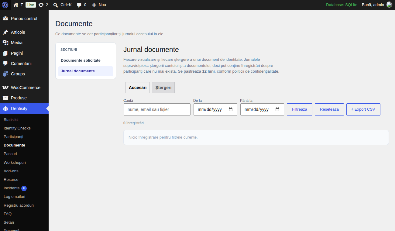 Pagina Documente: taburile Documente solicitate și Jurnal documente, cu jurnalul de accesări deschis
