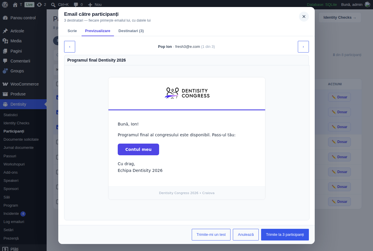 Tab-ul Previzualizare: emailul exact cum îl primește Pop Ion, cu logo, Bună, Ion!, mesajul și butonul Contul meu, cu săgeți pentru destinatarul anterior și următor