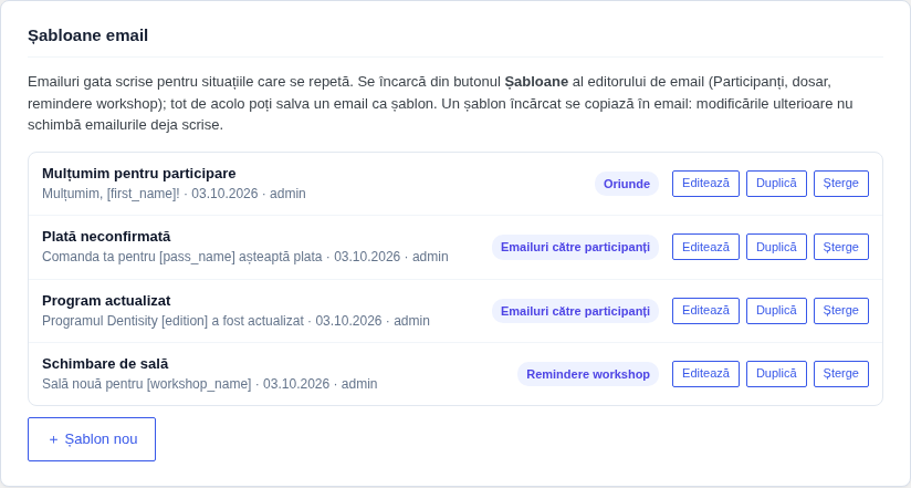 Setări → Șabloane email: lista șabloanelor cu nume, subiect, data, autorul și eticheta Emailuri către participanți sau Remindere workshop, cu butoanele Editează, Duplică, Șterge și Șablon nou