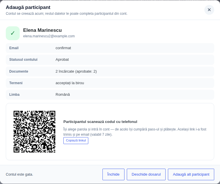 Rezultatul adăugării: datele contului și codul QR pentru setarea parolei
