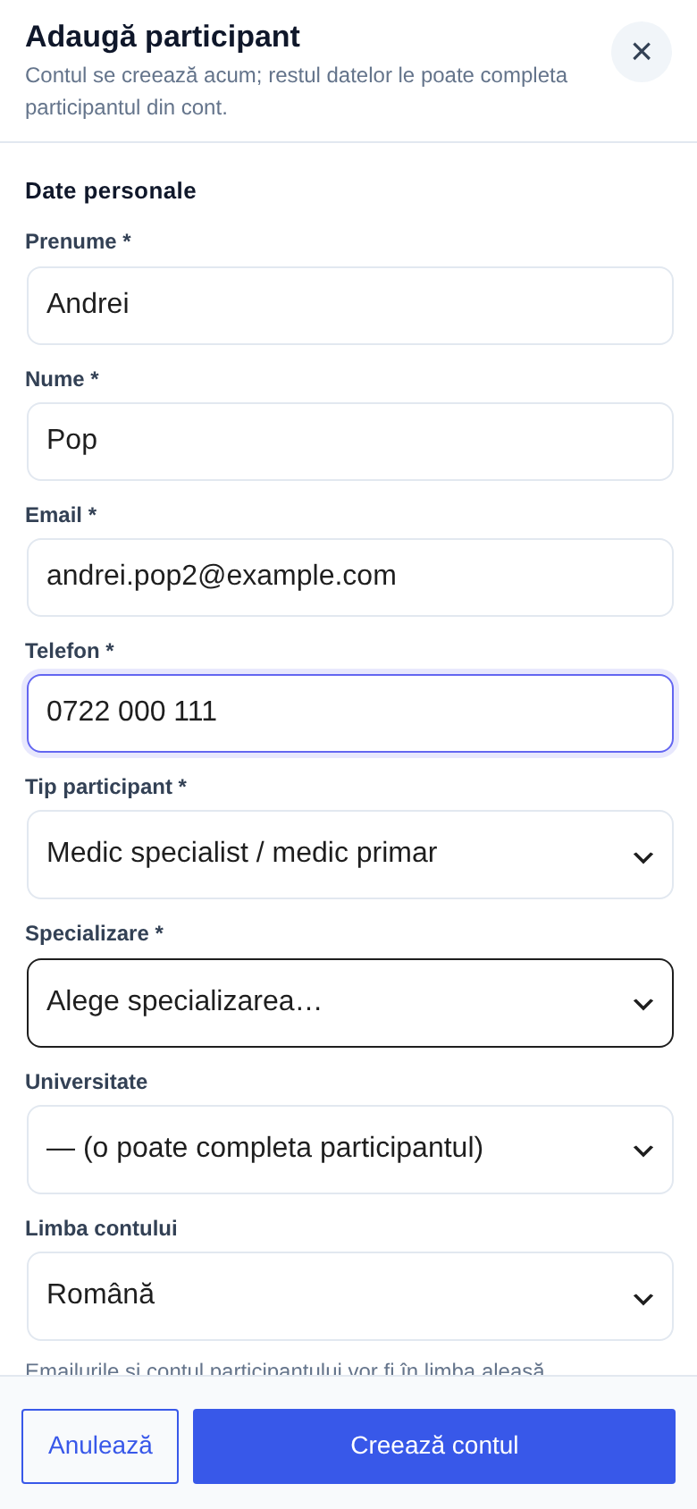 Dialogul Adaugă participant pe telefon, pe tot ecranul, cu câmpurile unul sub altul și butoanele Anulează și Creează contul jos