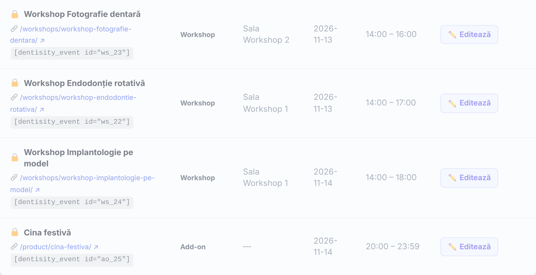 Rândurile cu lacăt din Program: trei workshopuri și add-on-ul Cina festivă, fiecare cu adresa paginii și dedesubt shortcode-ul dentisity_event cu id-ul ws_23, ws_22, ws_24 și ao_25