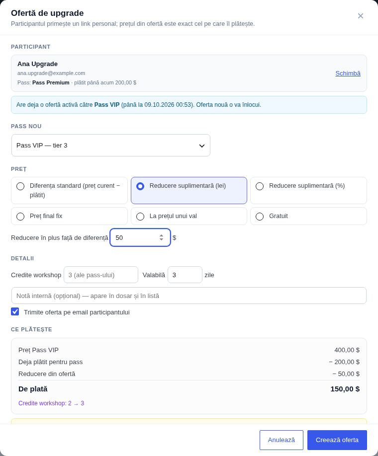 Dialogul Ofertă de upgrade: participantul cu pass-ul și suma plătită, pass-ul nou, regula de preț, credite, valabilitate, email, și calculul De plată