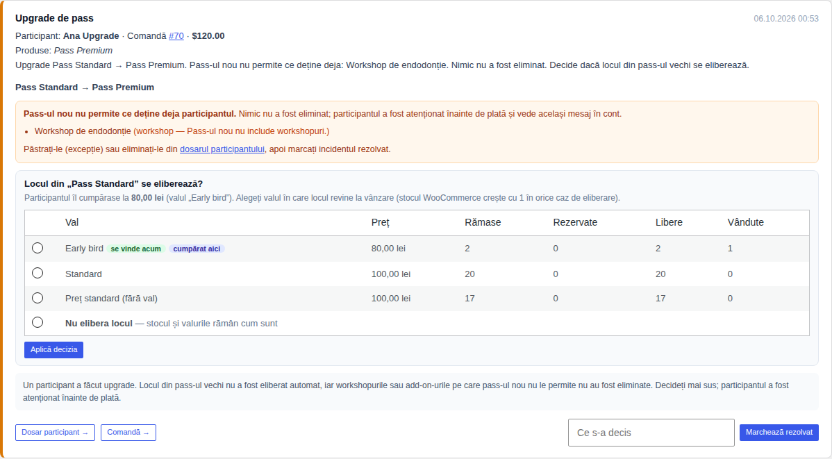 Incidentul Upgrade de pass: workshopul pe care pass-ul nou nu îl permite și tabelul valurilor pass-ului vechi cu valul curent, valul în care participantul cumpărase, locurile rămase, rezervate, libere și vândute