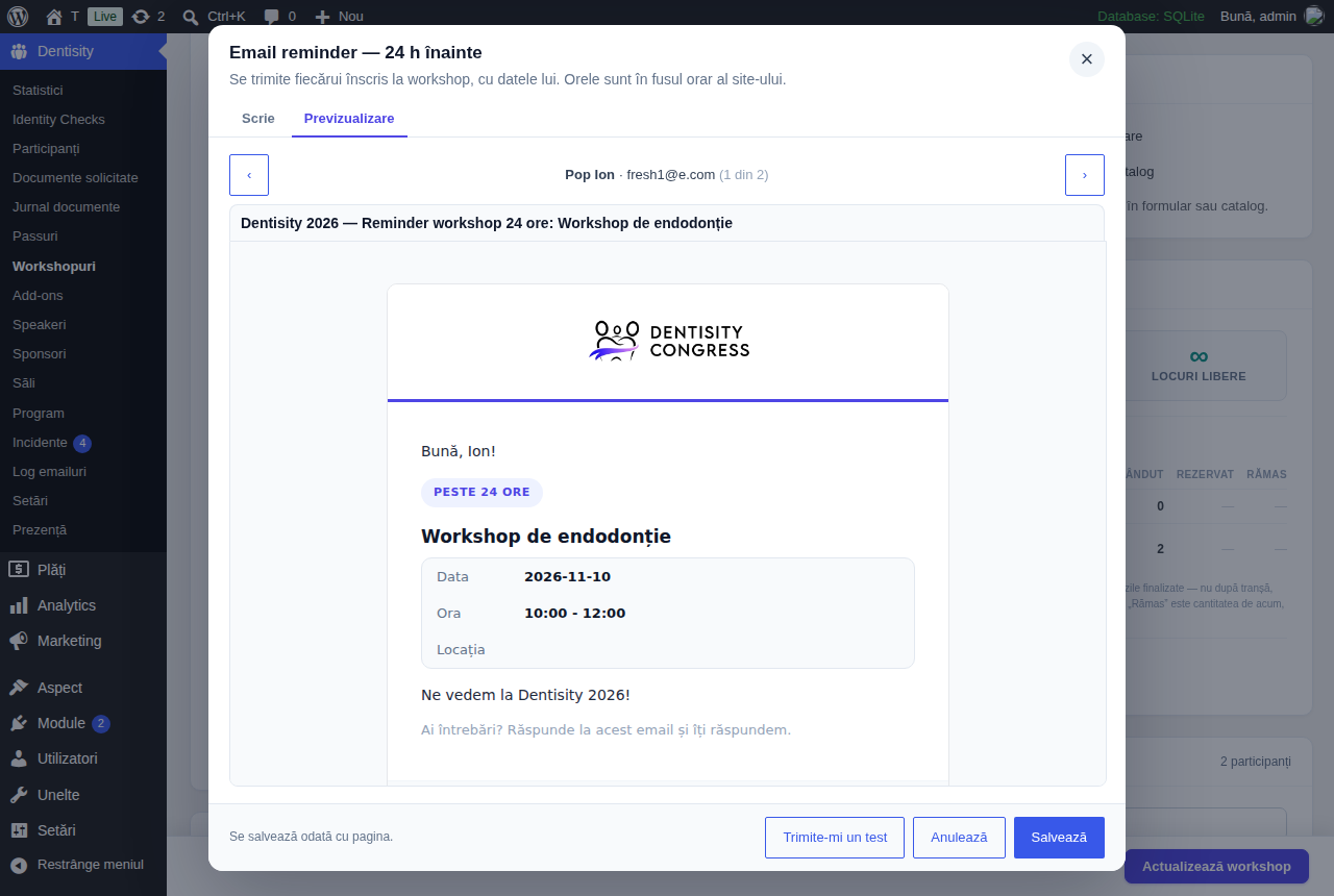 Editorul de email al unui reminder, tab-ul Previzualizare: emailul pentru un participant înscris, cu logo, Bună, Ion!, eticheta Peste 24 ore, titlul workshop-ului și tabelul cu data, ora și locația