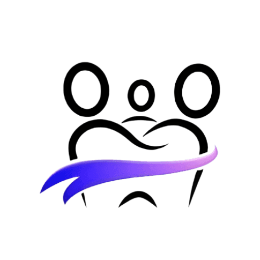 Iconița aplicației: semnul Dentisity (dintele cu oamenii și dunga violet) pe fundal alb