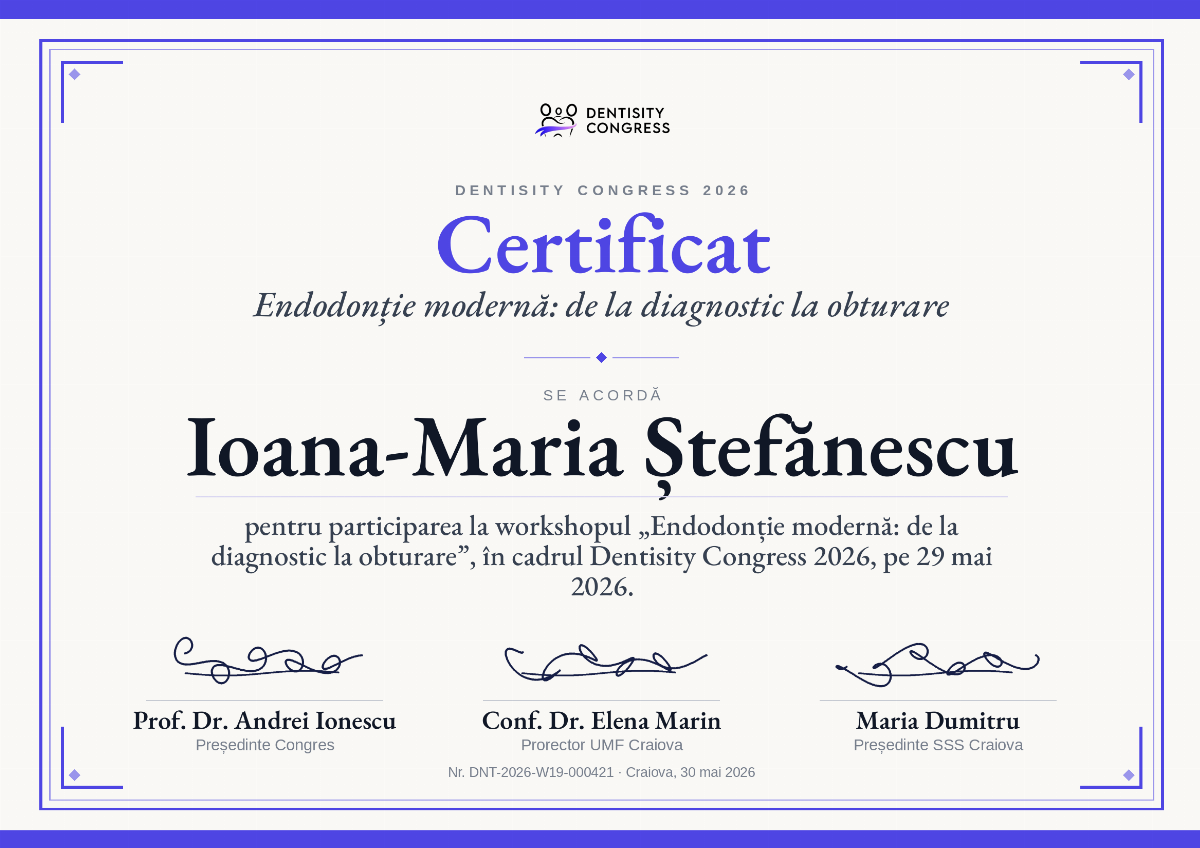 Designul Clasic: fundal crem, ramă dublă în culoarea site-ului cu colțuri, logo sus, titlul Certificat cu titlul workshopului cursiv dedesubt, numele subliniat și trei semnături
