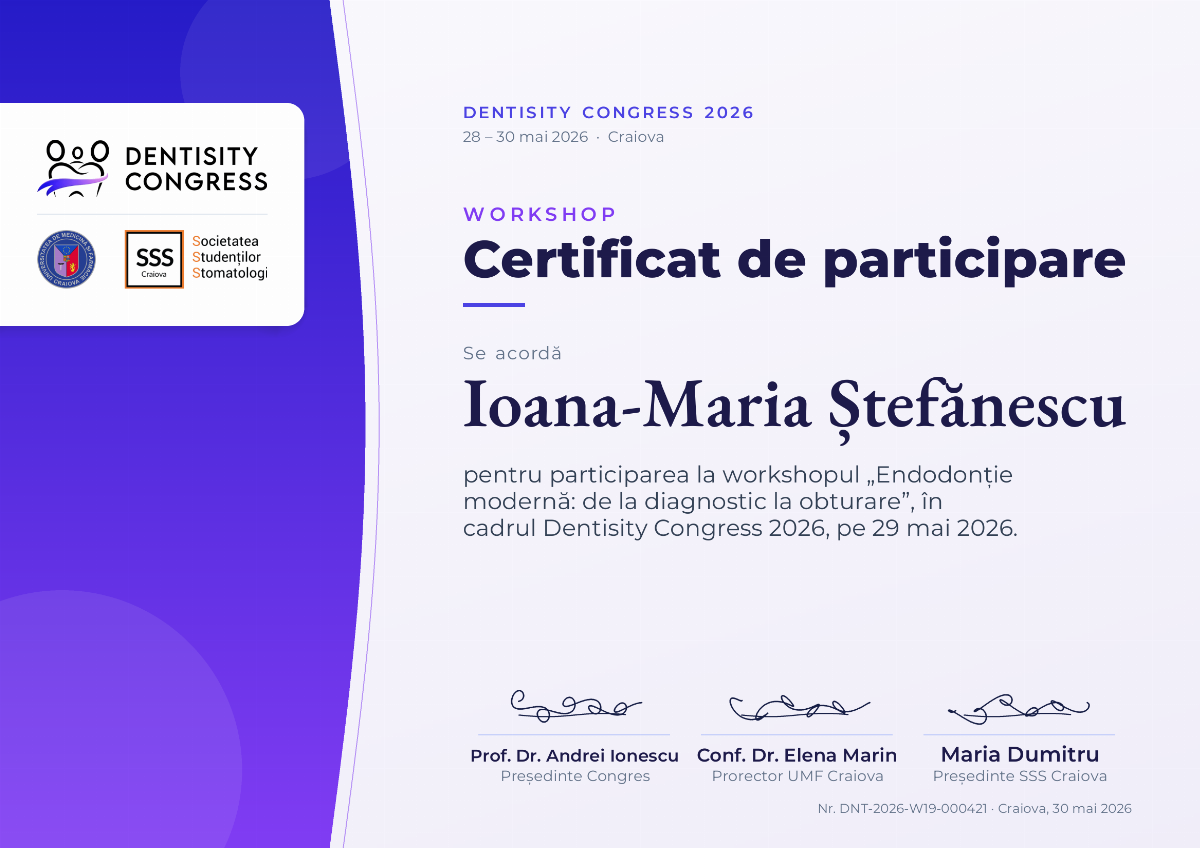 Designul Lumen: bandă curbă indigo-violet în stânga cu un card alb care pornește din marginea paginii, logoul Dentisity sus și UMF Craiova și SSS Craiova alăturate dedesubt; textul aliniat la stânga, semnăturile pe lățimea textului