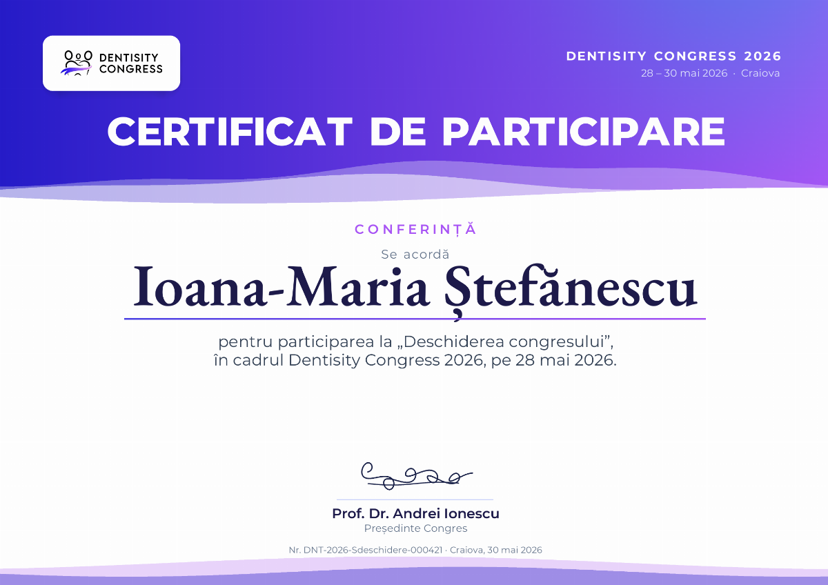 Certificatul unei sesiuni în designul Val, doar cu logoul Dentisity: CONFERINȚĂ deasupra numelui și o singură semnătură, la mijloc