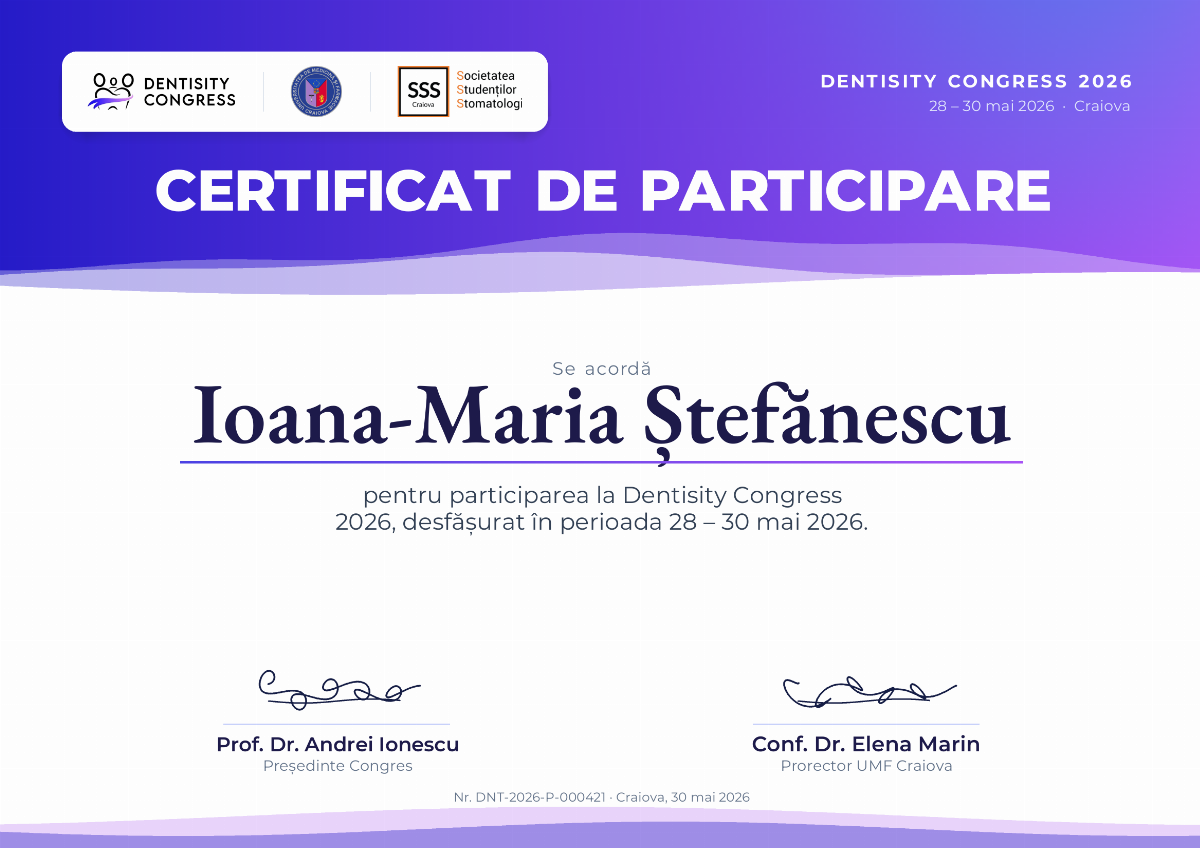 Certificat de participare în designul Val: antet violet cu valuri, logourile Dentisity, UMF Craiova și SSS Craiova, numele congresului cu perioada și locul, titlul CERTIFICAT DE PARTICIPARE, SE ACORDĂ, numele participantului subliniat, textul pentru participarea la congres, două semnături și jos numărul certificatului, locul și data