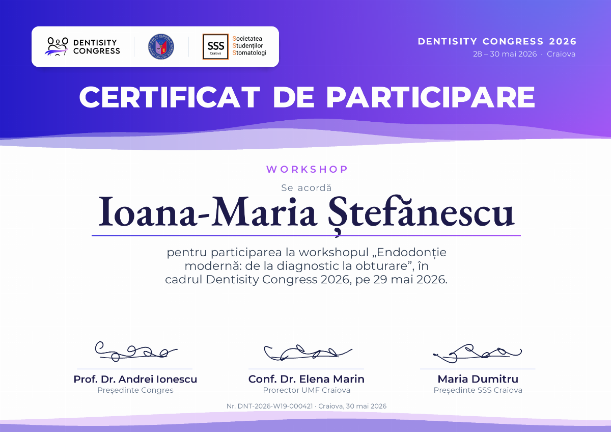 Designul Val: antet violet în degrade cu valuri, logourile Dentisity, UMF Craiova și SSS Craiova pe un card alb, CERTIFICAT DE PARTICIPARE cu alb, WORKSHOP, numele participantului subliniat cu degrade, textul workshopului și trei semnături pe un rând