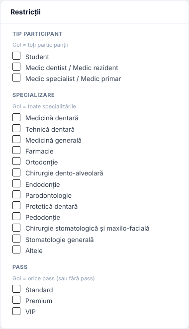 Cardul Restricții cu grupurile Tip participant, Specializare și Pass