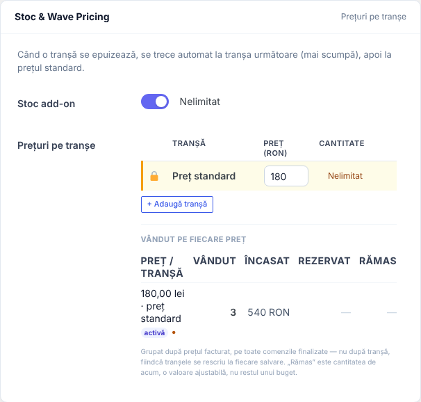 Stoc & Wave Pricing: Stoc add-on Nelimitat și Preț standard 180