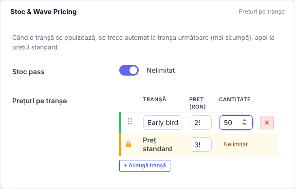 Cardul Stoc & Wave Pricing: Stoc pass Nelimitat, tabelul cu tranșa Early bird 290 lei 50 bucăți și rândul blocat Preț standard 350, butonul + Adaugă tranșă