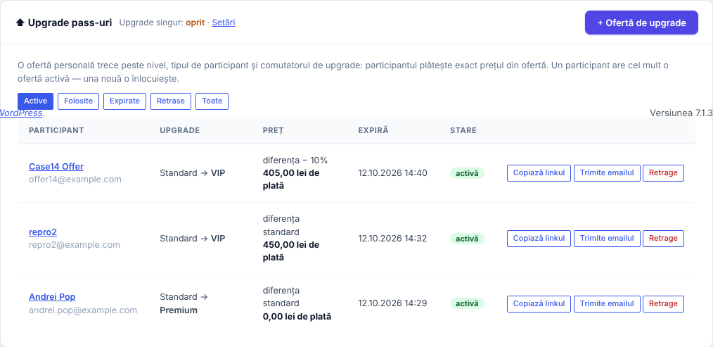Cardul Upgrade pass-uri: Upgrade singur: oprit · Setări, butonul + Ofertă de upgrade, filtrele Active, Folosite, Expirate, Retrase, Toate și tabelul ofertelor cu participant, upgrade, preț, expiră, stare și acțiunile Copiază linkul, Trimite emailul, Retrage