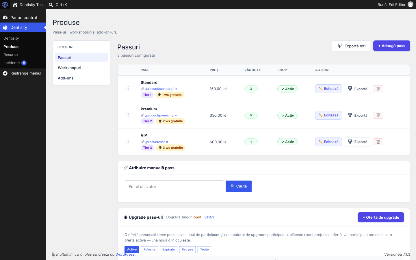 Lista pass-urilor: Standard tier 1 cu 1 workshop gratuit, Premium tier 2 cu 2, VIP tier 3 cu 3; prețurile 150, 350, 600 lei; vândute 3, 5, 1; Shop Activ; butoanele Editează, Exportă și ștergere