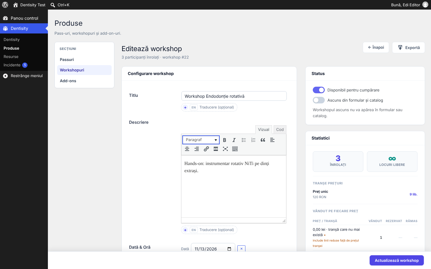 Editorul workshopului: Configurare workshop în stânga (titlu, descriere, dată), Status și Statistici în dreapta, bara de salvare jos