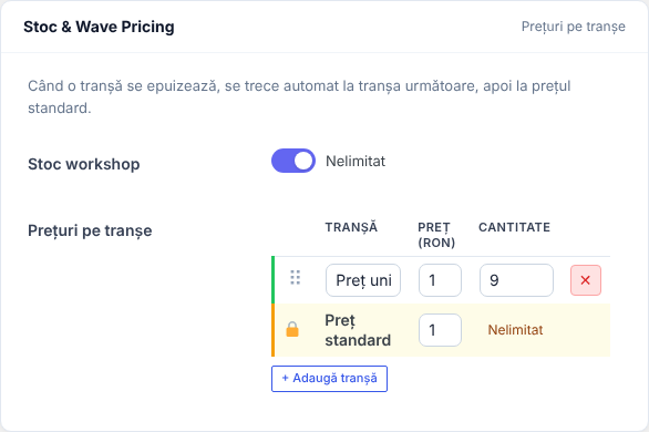 Cardul Stoc & Wave Pricing al workshopului: Stoc workshop Nelimitat, tranșa Preț unic 1 leu 9 bucăți și rândul Preț standard