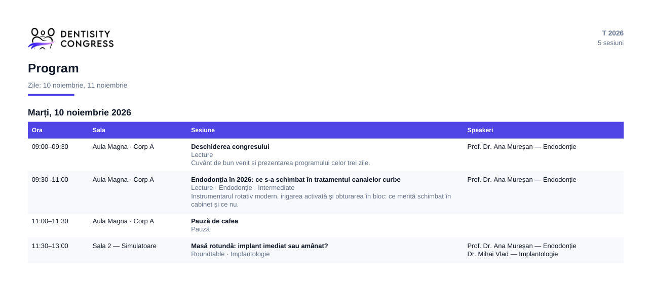 PDF-ul programului: logo, titlul Program, zilele exportate, apoi Marți, 10 noiembrie 2026 cu tabelul Ora, Sala, Sesiune și Speakeri
