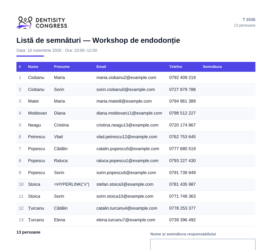 Lista de semnături a unui workshop: același antet, tabelul cu o coloană Semnătura goală și rânduri înalte, iar la final caseta Nume și semnătura responsabilului