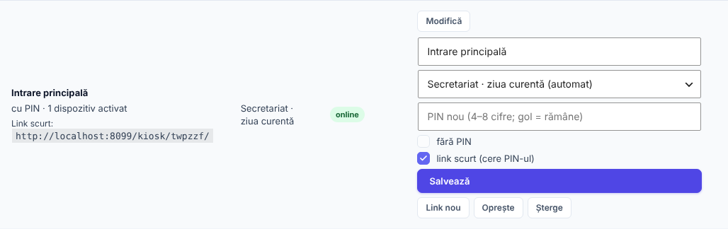 Rândul Intrare principală cu formularul Modifică deschis: numele, ce scanează, câmpul PIN nou (4–8 cifre; gol = rămâne), bifele fără PIN și link scurt (cere PIN-ul), butonul Salvează, apoi Link nou, Oprește, Șterge