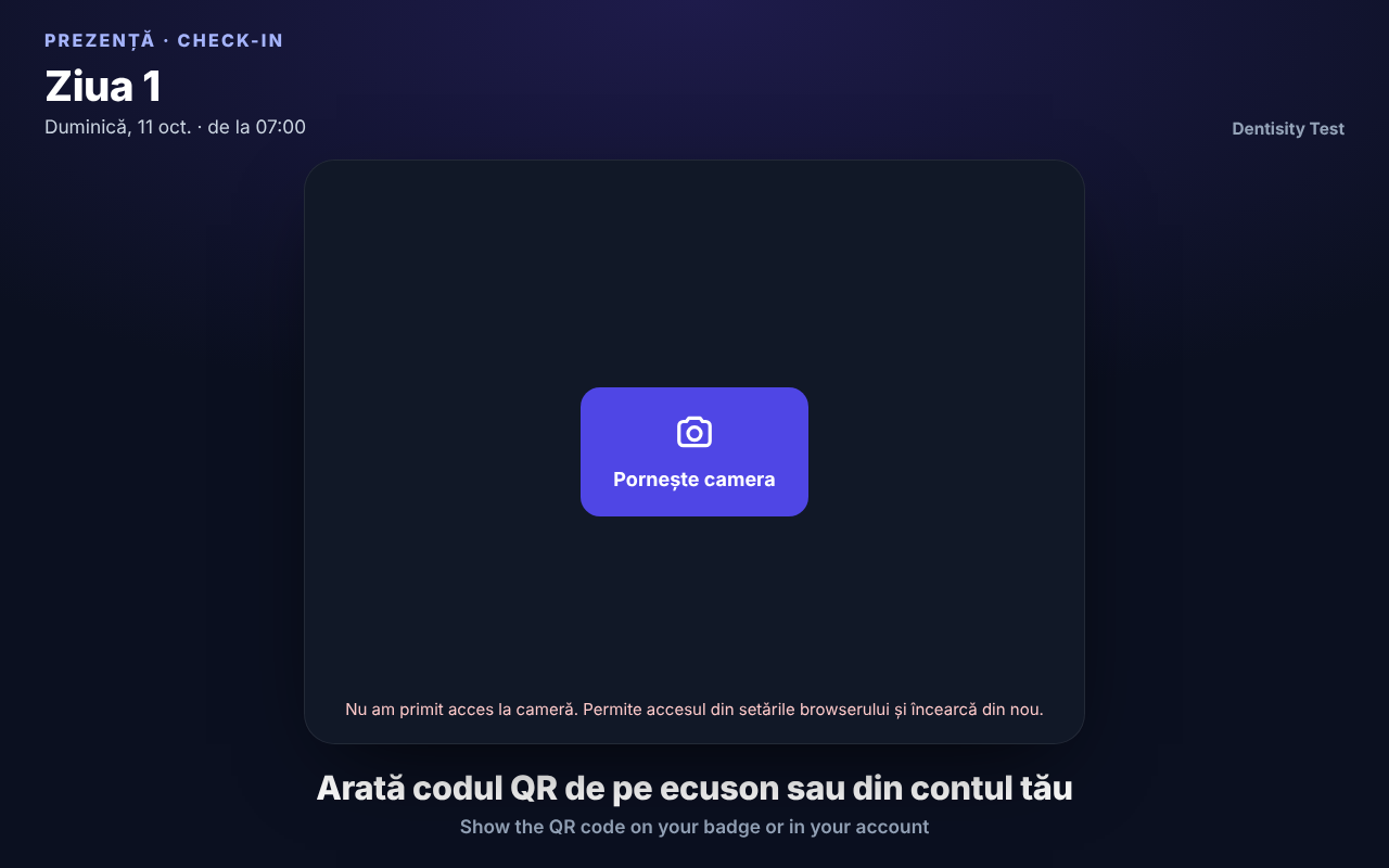 Chioșcul cu butonul albastru Pornește camera în mijloc și mesajul de jos: Nu am primit acces la cameră. Permite accesul din setările browserului și încearcă din nou.