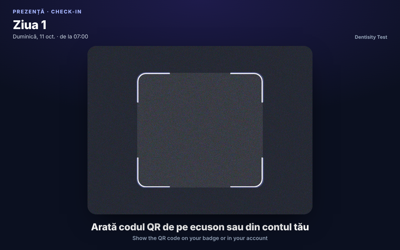 Chioșcul gata de scanare: Ziua 1 sus, imaginea camerei cu cadrul de scanare, jos Arată codul QR de pe ecuson sau din contul tău