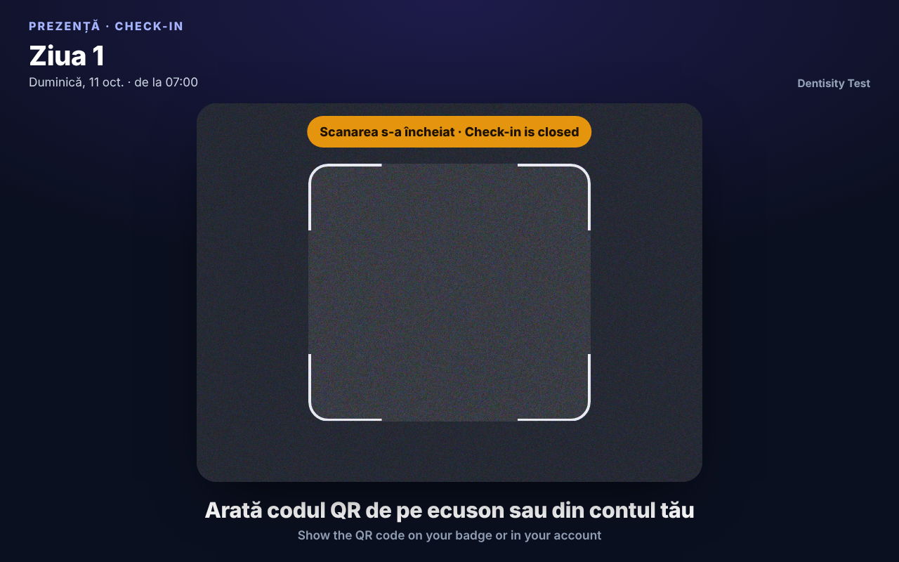 Chioșcul cu banda Scanarea s-a încheiat · Check-in is closed peste imaginea camerei