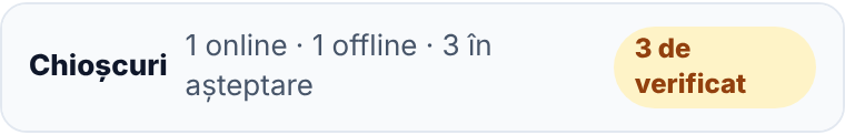 Caseta Chioșcuri închisă: 1 online · 1 offline · 3 în așteptare, și 3 de verificat